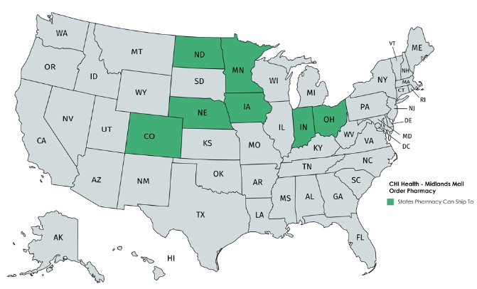 Map of states the mail-order pharmacy mails to